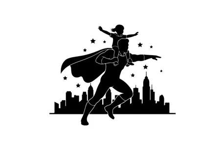 Superhero silhouette flying over cityscape with cape and stars