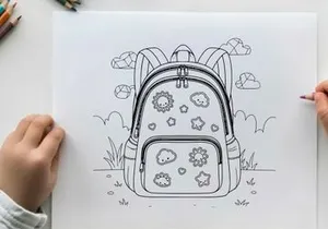 Cute school backpack with smiling sun and stars vector illustration