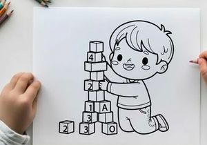 Child learning numbers alphabet blocks vector illustration