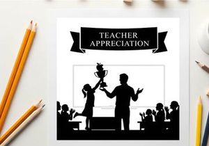Teacher appreciation silhouette graphic with students and trophy