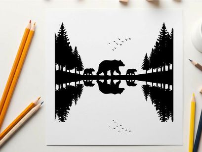 Silhouette of a bear family in a serene forest landscape