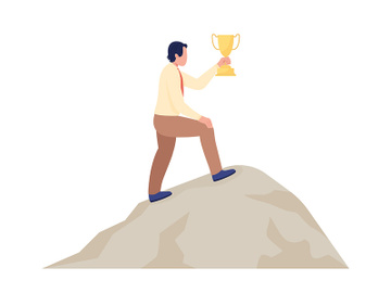 Male winner holding long awaited trophy flat color vector character preview picture