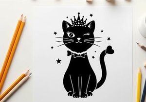 Regal silhouette cat in crown and bow tie with stars