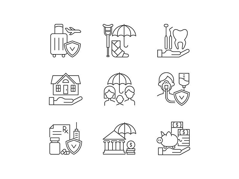 Insurance and protection linear icons set