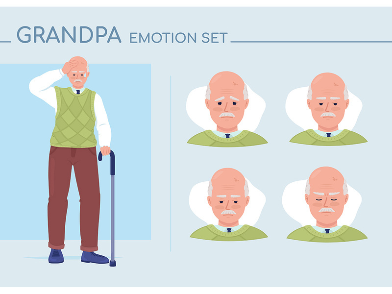 Doubting senior man semi flat color character emotions set