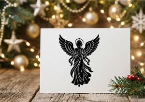 Black silhouette of a praying angel with wings, isolated on white background.