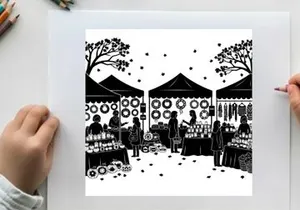 Silhouette of people at an outdoor market with tents and trees