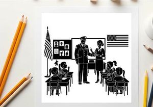Police officer visits classroom with teacher and students in silhouette