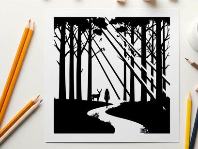 Silhouette of a person and deer in forest