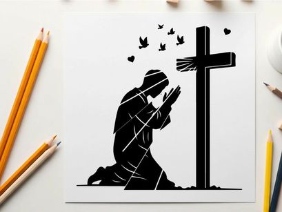 Silhouette of a person praying beside a cross silhouette