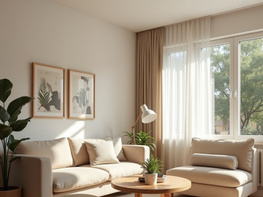 Modern cozy living room interior with sunlight, wooden furniture preview picture
