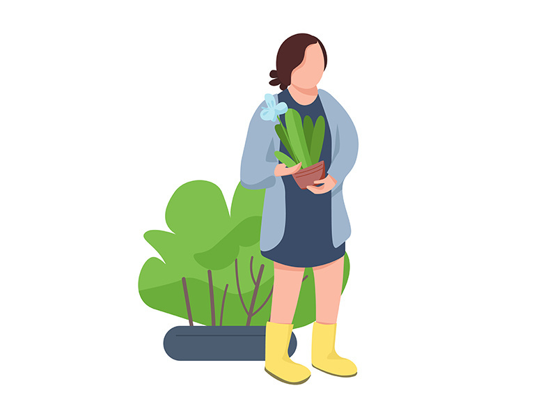Girl with flowerpot, woman holding houseplant flat color vector faceless character