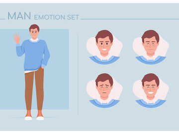 Positive young man semi flat color character emotions set preview picture