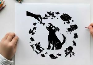 Silhouette of a dog surrounded by various objects circularly arranged