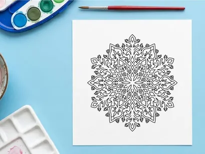 Intricate black and white snowflake mandala illustration for Christmas holiday design.