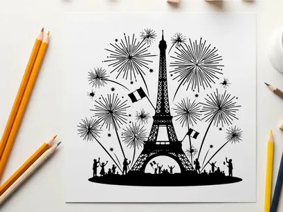 ilustrasi vektor desain datar perayaan kembang api menara eiffel