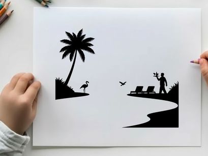 Beach scene with silhouette of palm tree and waiter