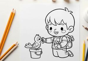 Cute boy feeding bird flat design vector illustration