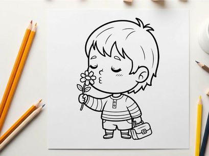 Cute boy holding flower vector illustration flat design