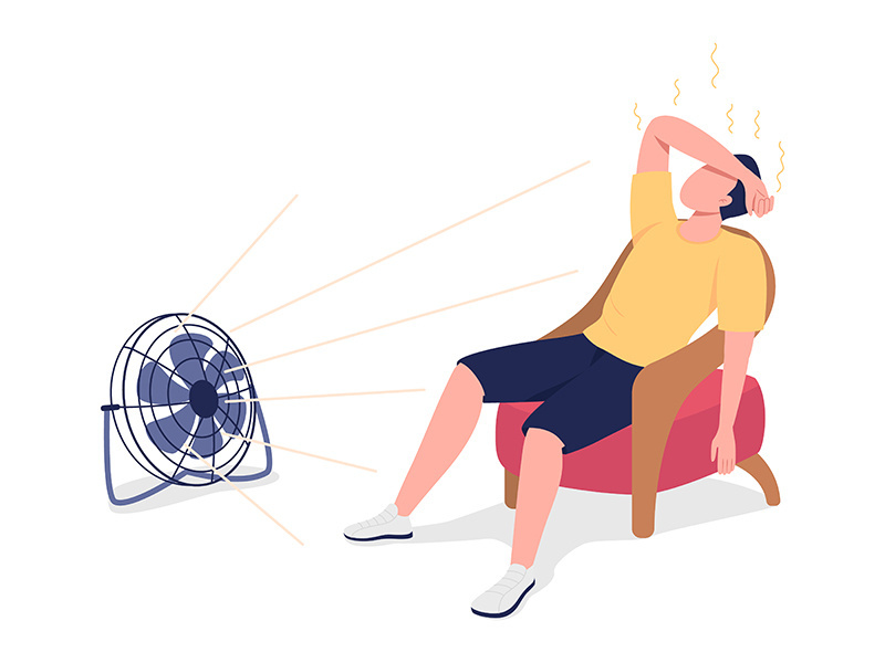 Reducing body heat with fan semi flat color vector character