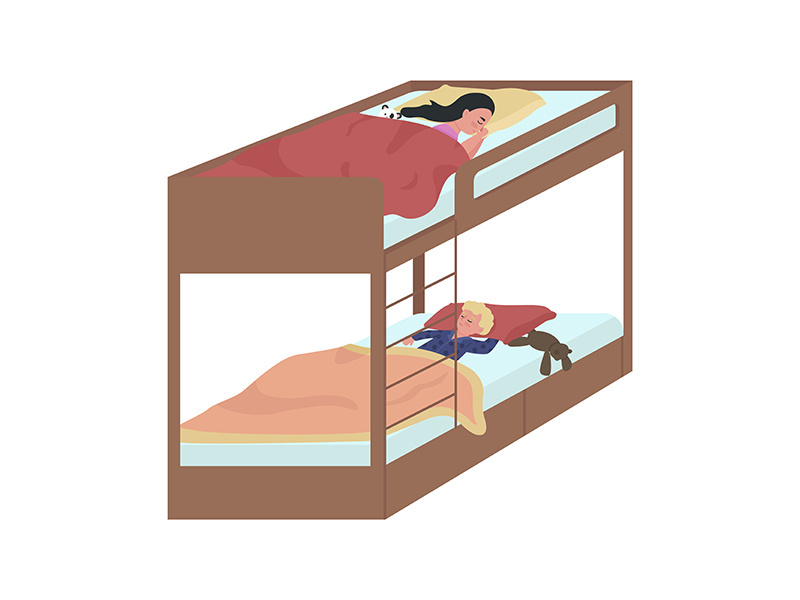 Kids sharing bunk bed for sleeping semi flat color vector characters