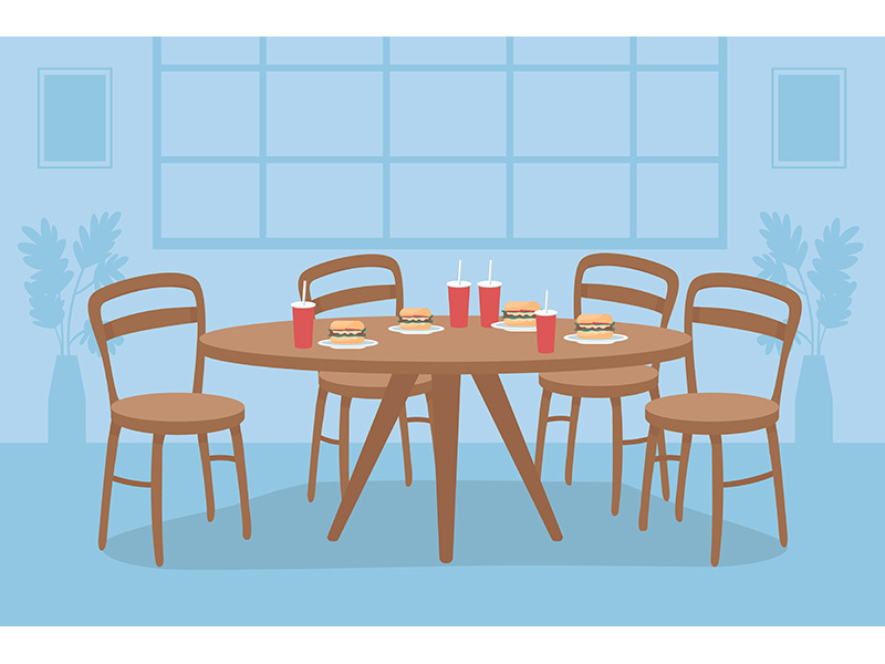Table with fast food flat color vector illustration