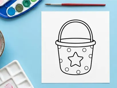 Halloween trick or treat bucket icon. Simple black and white line art for kids coloring.