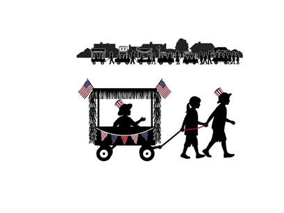 Patriotic parade silhouette with children and decorated wagon