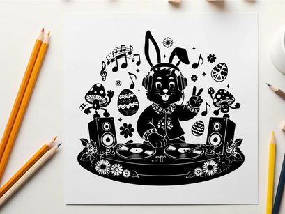 Easter bunny dj silhouette spinning records with easter eggs