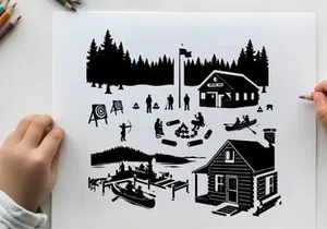 Winter camp silhouette scene with people and buildings