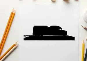Silhouette of a large truck driving on a road against a white background
