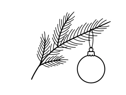 Christmas tree branch with hanging bauble ornament line art illustration