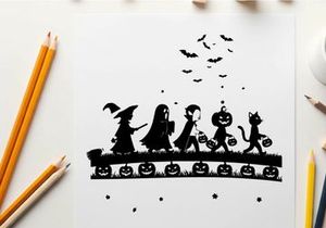 Halloween silhouette of children and pets in costume