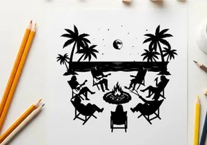 Silhouette of people sitting around a beach campfire at night