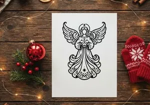 Black and white line art illustration of a praying Christmas angel with decorative wings.