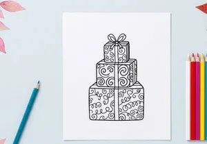 Hand-drawn Christmas gift box with festive ribbon and ornate swirl patterns for holiday designs