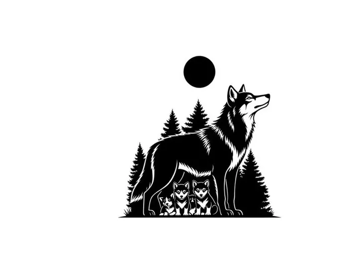 Silhouette of a wolf howling at the moon in a forest