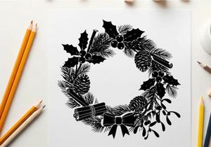 Vintage christmas wreath silhouette with ribbons and pinecones