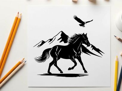 Silhouette of a horse and eagle in mountainous terrain silhouette