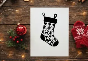 Black and white Christmas stocking icon with reindeer and snowflake pattern design.