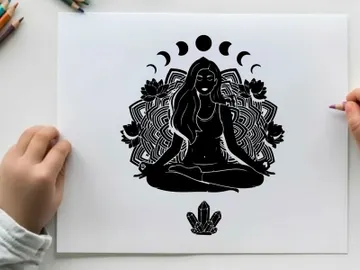 Silhouette of a woman meditating in lotus position with moon phases preview picture