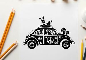 Silhouette of a decorated volkswagen beetle with peace sign