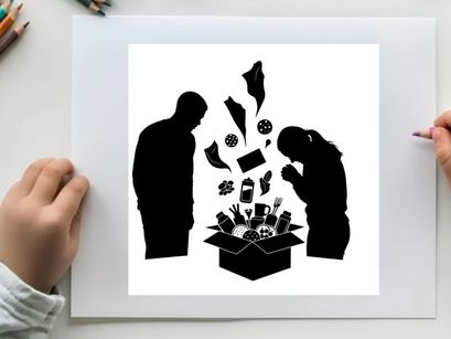 Silhouette of two people looking at items spilling out of a box silhouette