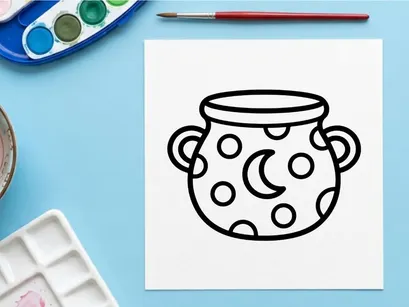 Hand-drawn Halloween cauldron with bubbling potion. Black and white sketch of spooky witch cooking vessel for decorations.