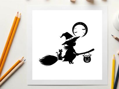 Silhouette of a witch flying on a broomstick with cat and jack o lantern