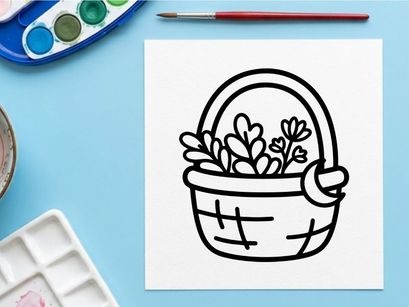 Witch basket with herbs and moon icon. Hand drawn doodle of a magical wicker container.