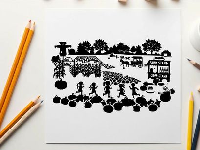 Silhouette of a lively autumn festival with people and pumpkins