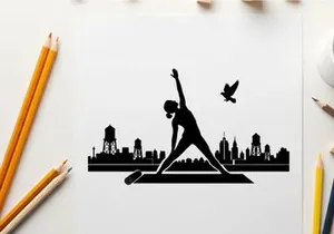 Silhouette of a woman practicing yoga outdoors in city silhouette