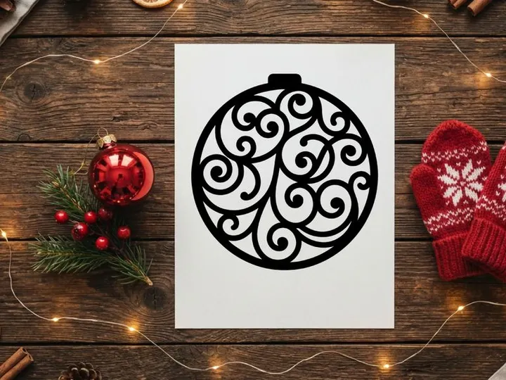 Black Christmas bauble silhouette with intricate swirl pattern isolated on white background