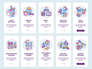 Self-development tips onboarding mobile app page screen with concepts set preview picture